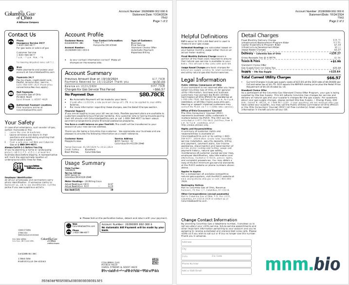 USA COLUMBIA GAS of OHIO rachunek za usługi komunalne Word and PDF template
